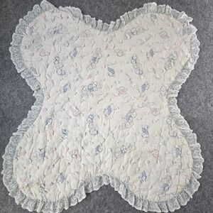 VTG Beary Sleepy Quilted Baby Blanket Butterfly Lace Trim Pastel Bear 33" x 36"
